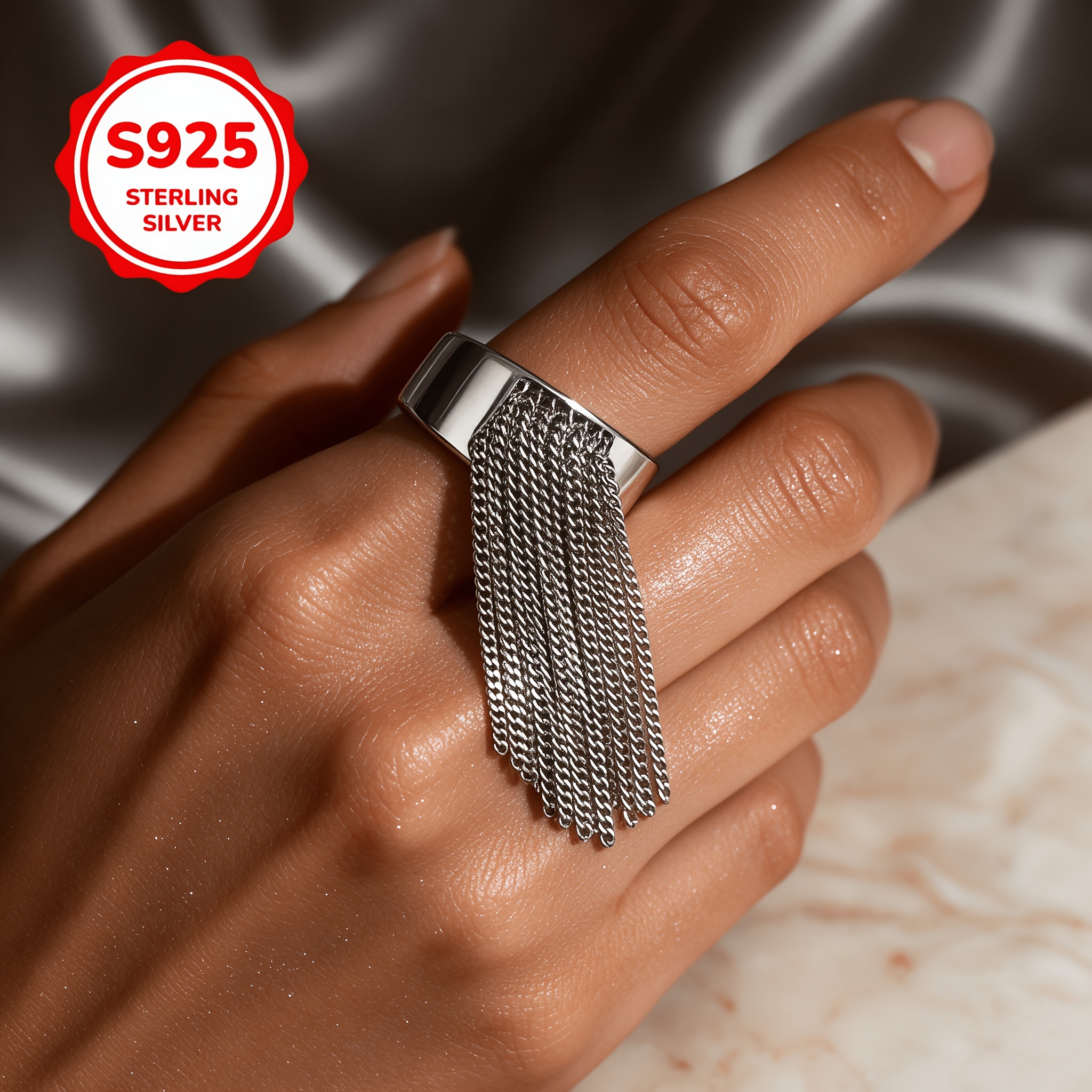 925 Silver Geometric Tassel Long Chain Adjustable Ring